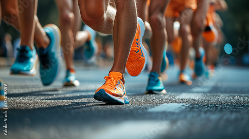 Close-up view of the dynamic motion of marathon runners' feet in colorful sneakers on the asphalt.