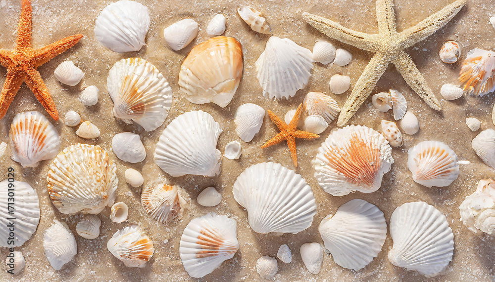 Top view of a sandy beach with collection of seashells and starfish as natural textured background for aesthetic summer design