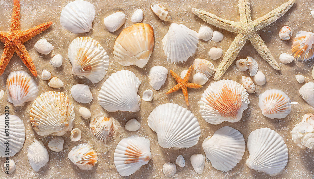 Top view of a sandy beach with collection of seashells and starfish as natural textured background for aesthetic summer design Top view of a sandy beach with collection of seashells and starfish as natural textured background for aesthetic summer design