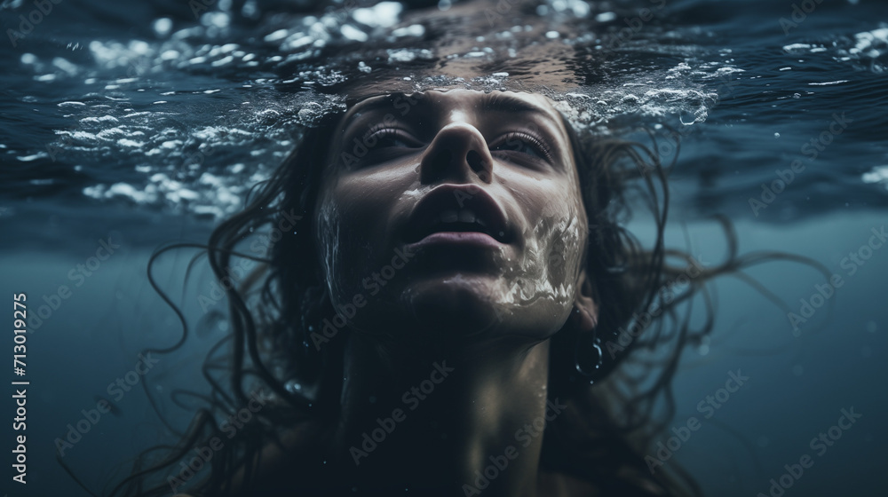 Woman drowning: Concept of Depression, Overwhelm, and Burnout