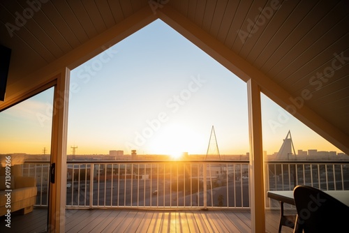 sunrise, aframe silhouette, balcony visible