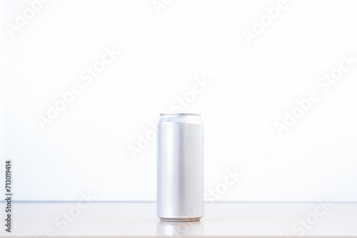 aluminum can at the forefront with blurred white backdrop