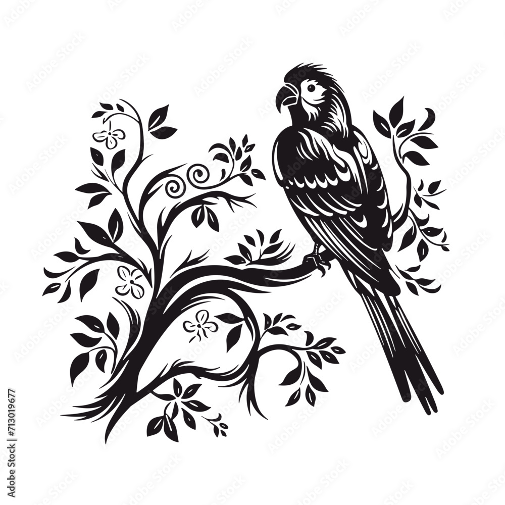 bird, vector, illustration, animal, branch, nature, tree, flower, design, leaf, floral, birds, art, drawing, spring, silhouette, decoration, cartoon, pattern, parrot, cute, wing, love, plant, titmouse