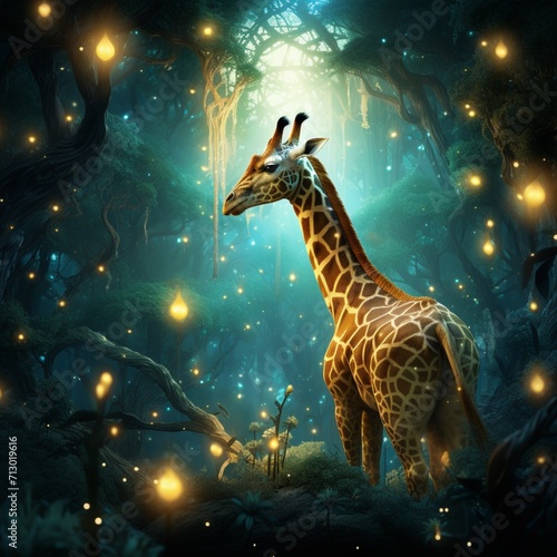 Neon giraffe stands forest middle image Generative AI