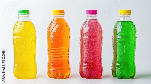 Four bright plastic bottles with soft drinks of different colors on an isolated background