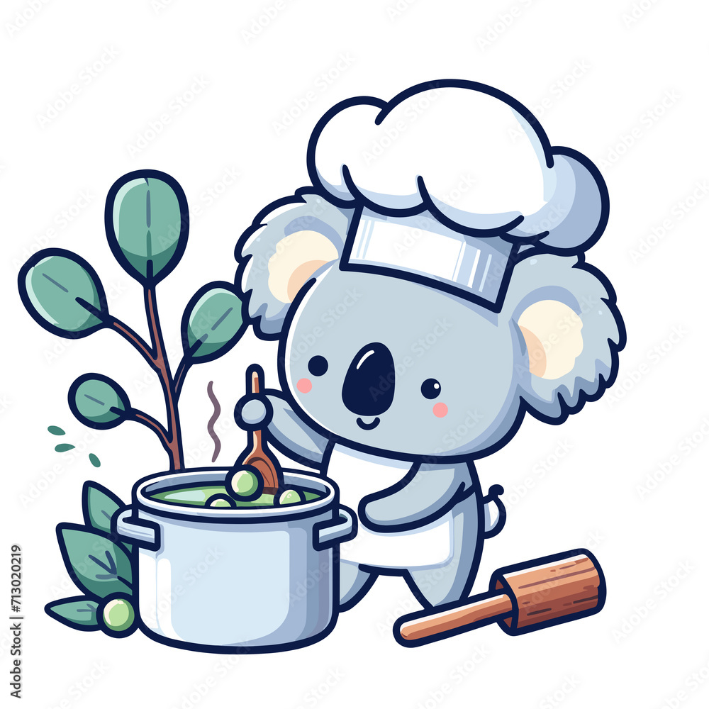Cute koala chef holding pot with soup, koala bear cooking illustration, kawaii animal vector icon, generative ai Cute koala chef holding pot with soup, koala bear cooking illustration, kawaii animal vector icon, generative ai