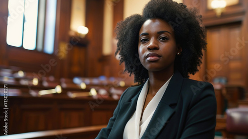Picture of African American confident lawyer in a courtroom, advocating for justice