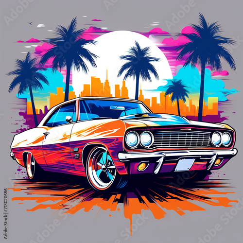 muscle car,  print ready vector t-shirt design, side view, sticker, professional vector, high detail, t-shirt design, graffiti, vibrant © Dang