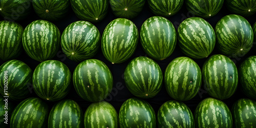 A Luscious Ensemble: Group of Fresh Watermelon Fruits Set Against a Traditional Fresh Background, Pile of Big Ripe Green Watermelons Glistening in a Supermarket generative AI      photo