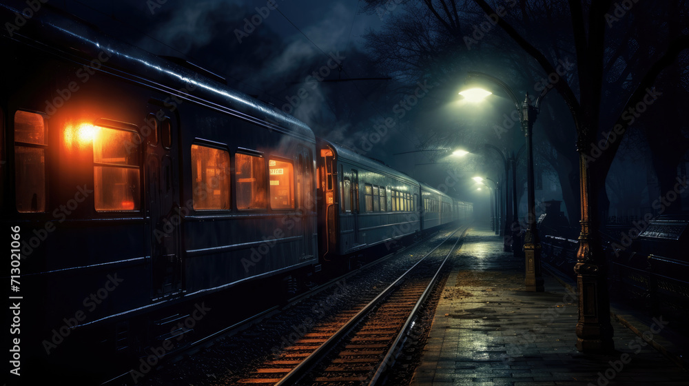 Passenger platform at night on the railway station. Train station at night.