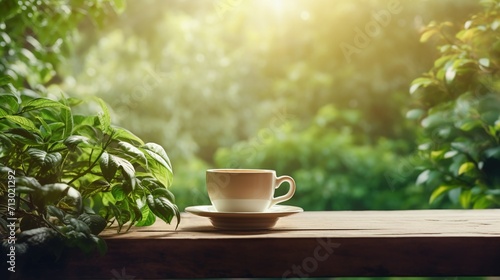 Wallpaper Mural A perfectly brewed cup of tea on a saucer, surrounded by lush greenery and a dreamy Torontodigital.ca