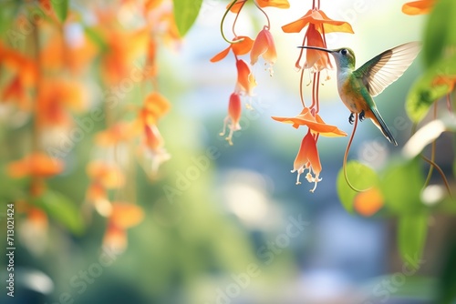 hummingbird feeding from a trumpet vine in a vibrant yard © altitudevisual