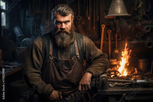 Portrait of a brutal man-a professional blacksmith in his own forge