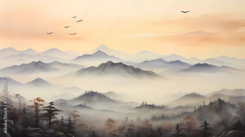 watercolor painting of misty mountains with gentle slopes and flocks of birds in the sunrise sky. generative ai - obrazy, fototapety, plakaty 