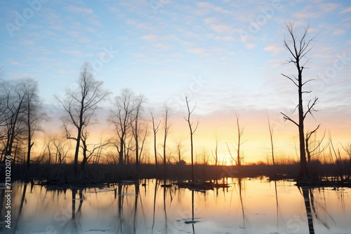 wetland at sunset with silhouetted trees