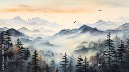 watercolor painting of misty mountains with pine trees and flocks of birds in the sunset sky. generative ai © KBL Sungkid