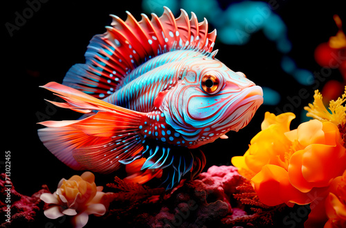 Colorful fish in aquarium tank. Beautiful underwater world with corals and tropical fish.