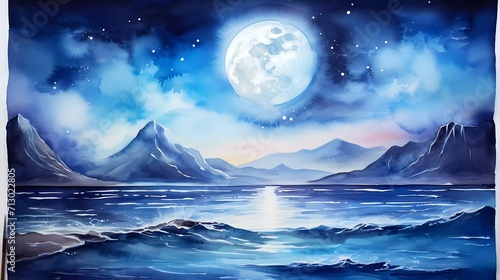 watercolor painting Sea with mountains and full moon at night. generative ai © KBL Sungkid