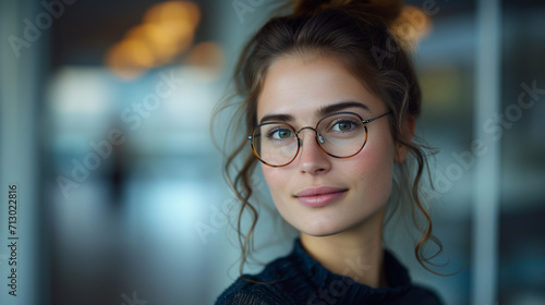 Young Professional Woman with a Subtle Smile and Stylish Eyewear.