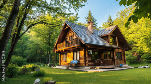 Horizontal photo of wooden house in green forest. Pros and cons. Ai Generative