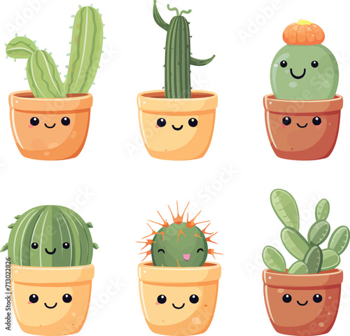 vector set of potted cactus with cute character faces