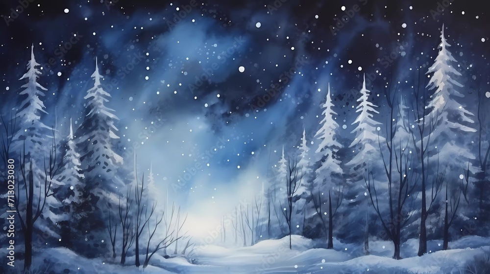 watercolor painting Dark winter forest background at night. Snow, fog, moonlight. generative ai