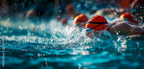 Swimmers racing in pool, focus on splashing water and swim cap. Shallow focus.
 photo