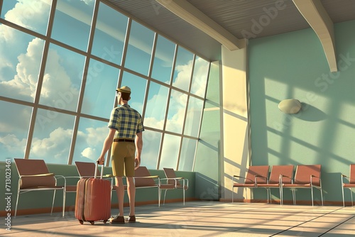 Man in airport - relocation moving cartoon illustration, world travel nomad new home photo