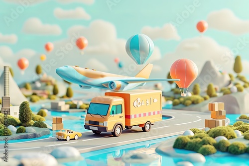 Relocation truck cartoon moving illustration and airplane