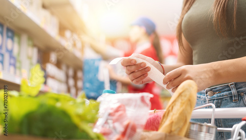 Woman checking the grocery receipt