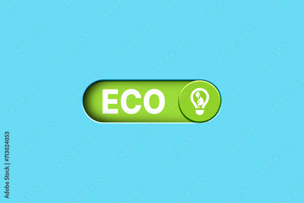 3D illustration of green button to switch on eco life. Clean environment. Solution of air. Environment pollution concept. 3D illustration of green button to switch on eco life. Clean environment. Solution of air. Environment pollution concept.