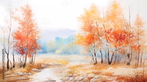 watercolor painting Abstract outdoor nature background, colorful painting autumn landscape. generative ai © KBL Sungkid