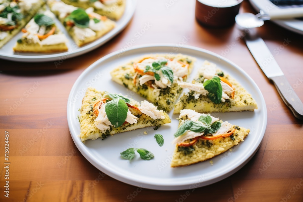 sliced triangles of cauliflower pizza arranged like a fan on plate sliced triangles of cauliflower pizza arranged like a fan on plate