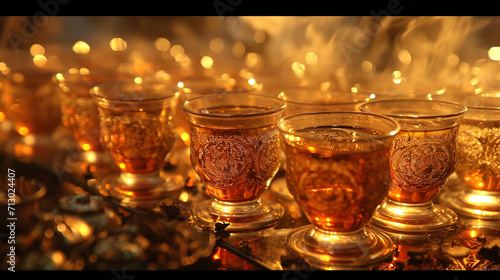 A visually elaborate composition featuring a close-up of Turkish tea glasses arranged in an artful pattern, with the rich amber hues of the tea contrasting against the delicate des