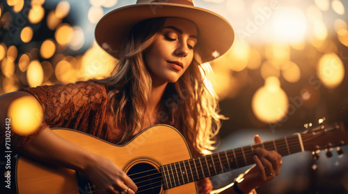 Woman in country clothes with guitar. Blurred background with music festival