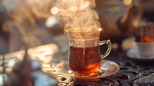 A close-up shot of a traditional Turkish tea glass being delicately held, with the tea's steam rising, capturing the moment of serenity and enjoyment in the midst of a lively tea c