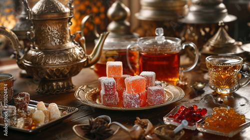 A visually elaborate composition featuring Turkish delight and other sweet treats served alongside tea, showcasing the delightful pairing of flavors and textures in Turkish tea cul