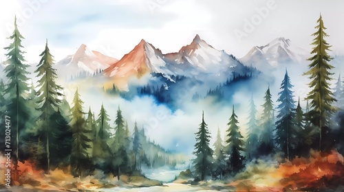 watercolor painting Autumn mountains with fir trees. generative ai