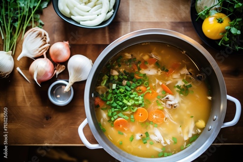 ingredients spread around a pot of simmering soup