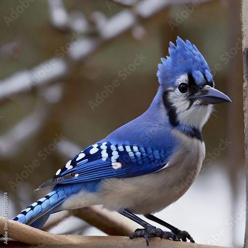 A beautiful blue jay bird standing on the tree.