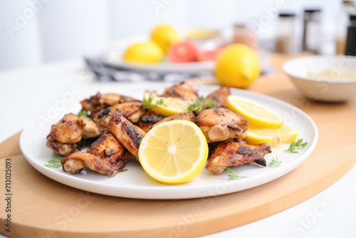 grilled chicken wings on a white plate, with lemon slices