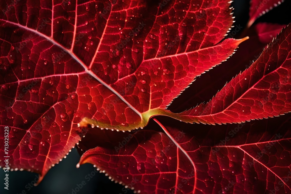 Obraz premium An exceptional close-up showcasing the fascinating details of a single red leaf. The flawless lighting captures its uniqueness, resulting in a super realistic and captivating