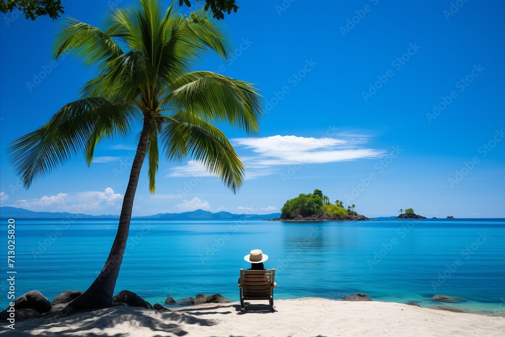 Serenity on Paradise Island. Stunning Woman in Vibrant Swimsuit Enjoying the Pristine Beach Ambiance