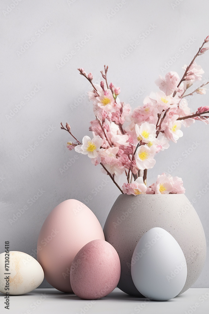 Easter minimalist composition, eggs in shades of pink and with sprigs of soft pink blossoms in a textured vase, modern spring decor. Easter minimalist composition, eggs in shades of pink and with sprigs of soft pink blossoms in a textured vase, modern spring decor.