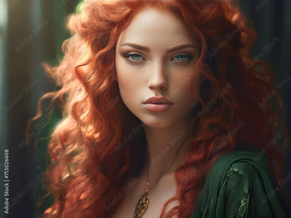 Fototapeta premium Portrait of a beautiful red-haired girl with curls in a green dress.