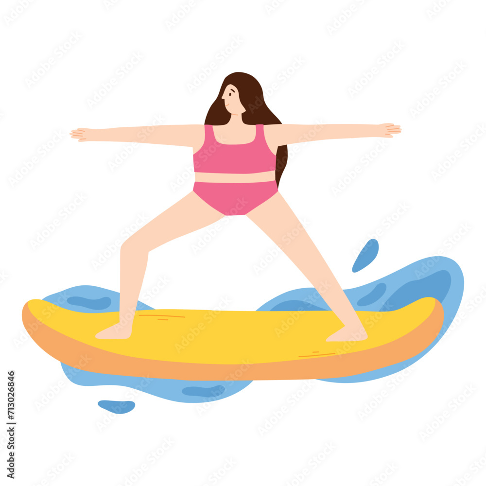 Yoga on saddles. A woman does yoga on sups. Vector illustration isolated on white background. A woman is surfing.