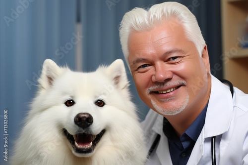 Friendly Smiling Male Veterinarian Sitting Next to Adorable Dog in Veterinary Clinic