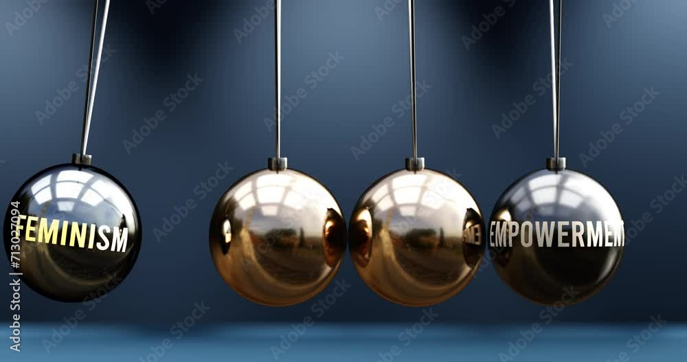 Feminism leads to empowerment. A Newton cradle metaphor in which feminism gives power to set empowerment in motion. Cause and effect relation between feminism and empowerment. Can be looped