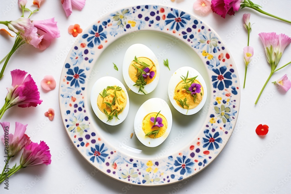 deviled eggs on a festive plate with floral patterns deviled eggs on a festive plate with floral patterns