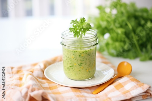 green detox soup in a glass jar, fresh parsley garnish on top